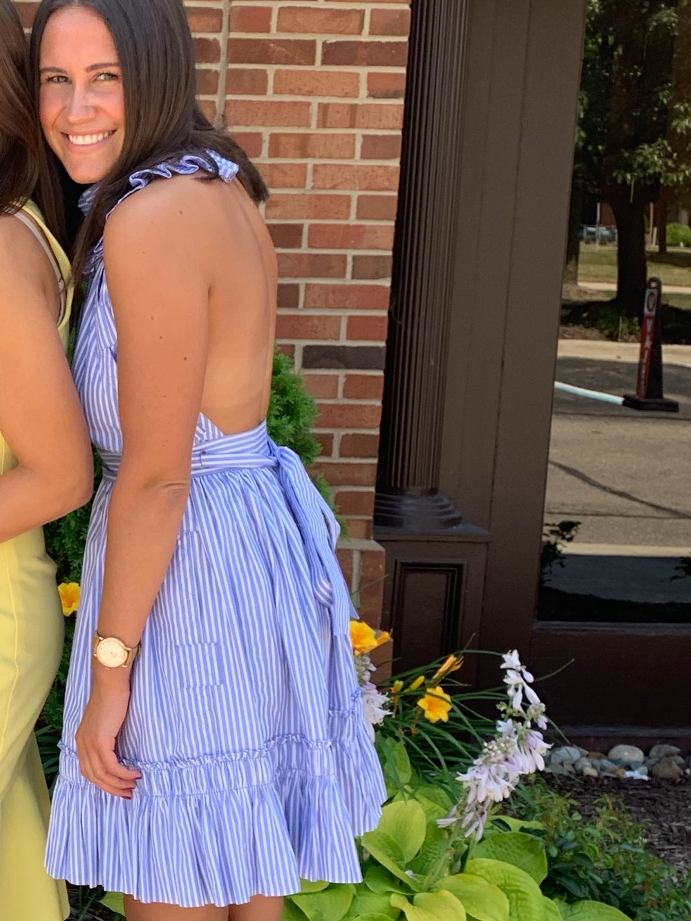 ALEXIS Blue White Striped Ruffle Briley Halter Backless Dress Size XS